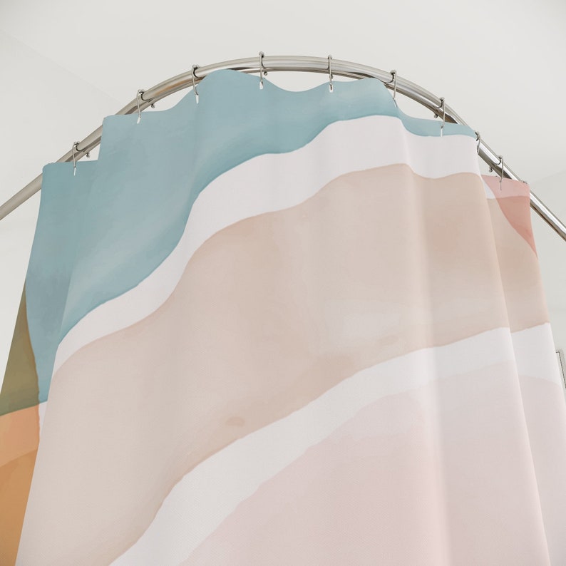 Abstract Art Shower Curtain, Peaceful And Neutral Warm Earth Strokes Colors, Watercolor Green Pink Contemporary Art, Bathroom Curtain - Image 3