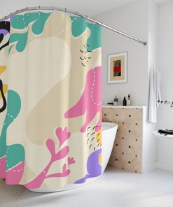 Abstract Art Shower Curtain, Pink Leaves Retro Shapes Mid Century Modern Shower Curtain