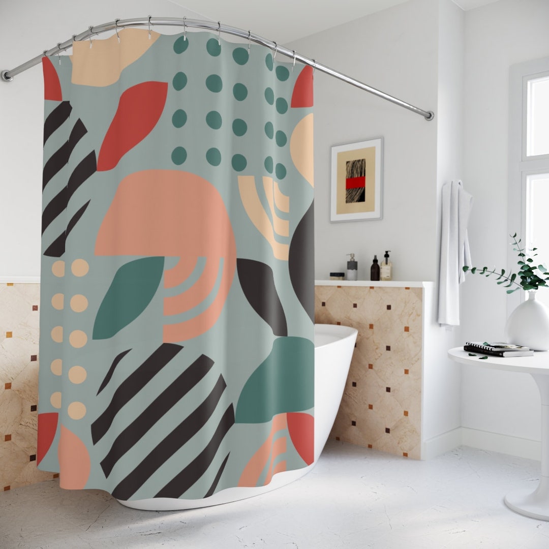 Abstract Art Shower Curtain, Retro Leaves Tropical Mid Century Modern