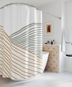Abstract Art Shower Curtain With Gray Mustard Lines - Minimalistic Apartment Bathroom Decor