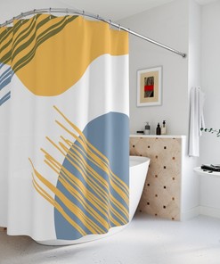 Abstract Art Shower Curtain, Yellow And Blue Circles And Strokes Mid Century Modern Shower Curtain