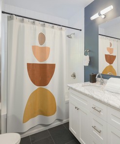Abstract Boho Shower Curtain, Brown Peach Rust Earth Tones Shower Curtain, Modern Mid Century Bohemian Bathroom Decor Gift