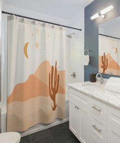 Abstract Desert Mountains Shower Curtain, Boho Brown Cream Earth Tones Bath Curtain, Mid Century Modern Bohemian Bathroom