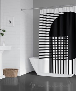 Abstract Geometric Midcentury Modern Shower Curtain, Black And White Bold Striped In Bath Curtain, Unique Retro Bathroom Decor