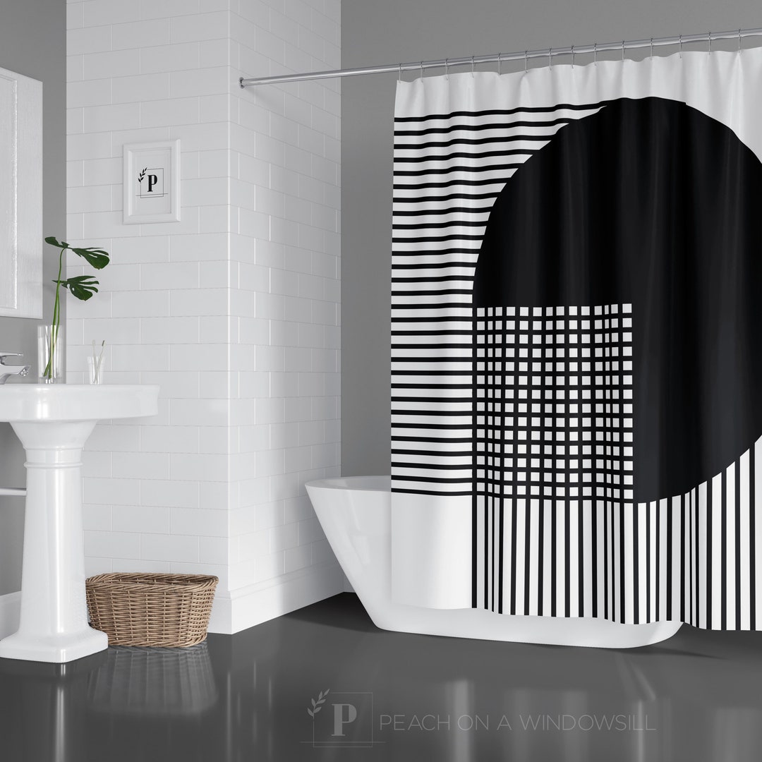 Abstract Geometric Midcentury Modern Shower Curtain, Black And White Bold Striped In Bath Curtain, Unique Retro Bathroom Decor