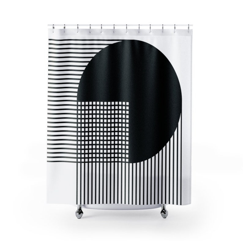 Abstract Geometric Midcentury Modern Shower Curtain, Black And White Bold Striped In Bath Curtain, Unique Retro Bathroom Decor - Image 2
