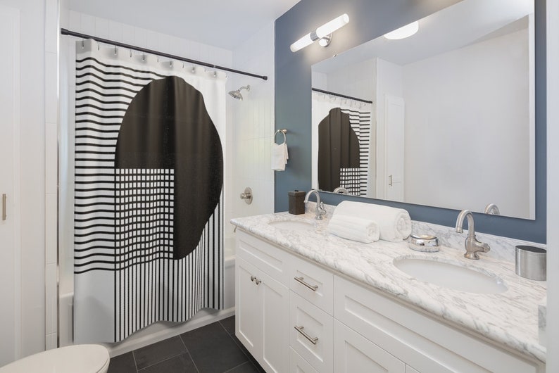Abstract Geometric Midcentury Modern Shower Curtain, Black And White Bold Striped In Bath Curtain, Unique Retro Bathroom Decor - Image 3