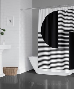 Abstract Modern Midcentury Design Shower Curtain, Black And White Half Moon Striped Bathtub Curtain