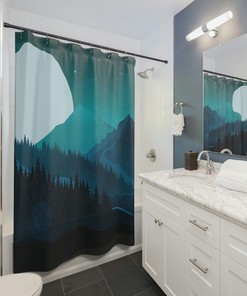 Abstract Mountain Landscape Shower Curtain, Pine Trees and Moon Shower Curtain, Mid Century Modern Shower Curtain for Nature Lover