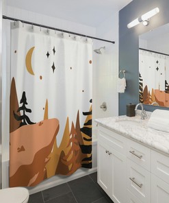 Abstract Mountains Shower Curtain, Boho Shower Curtain, Brown Yellow Earth Tones Bath Curtain, Mid Century Modern Bohemian Bathroom Decor