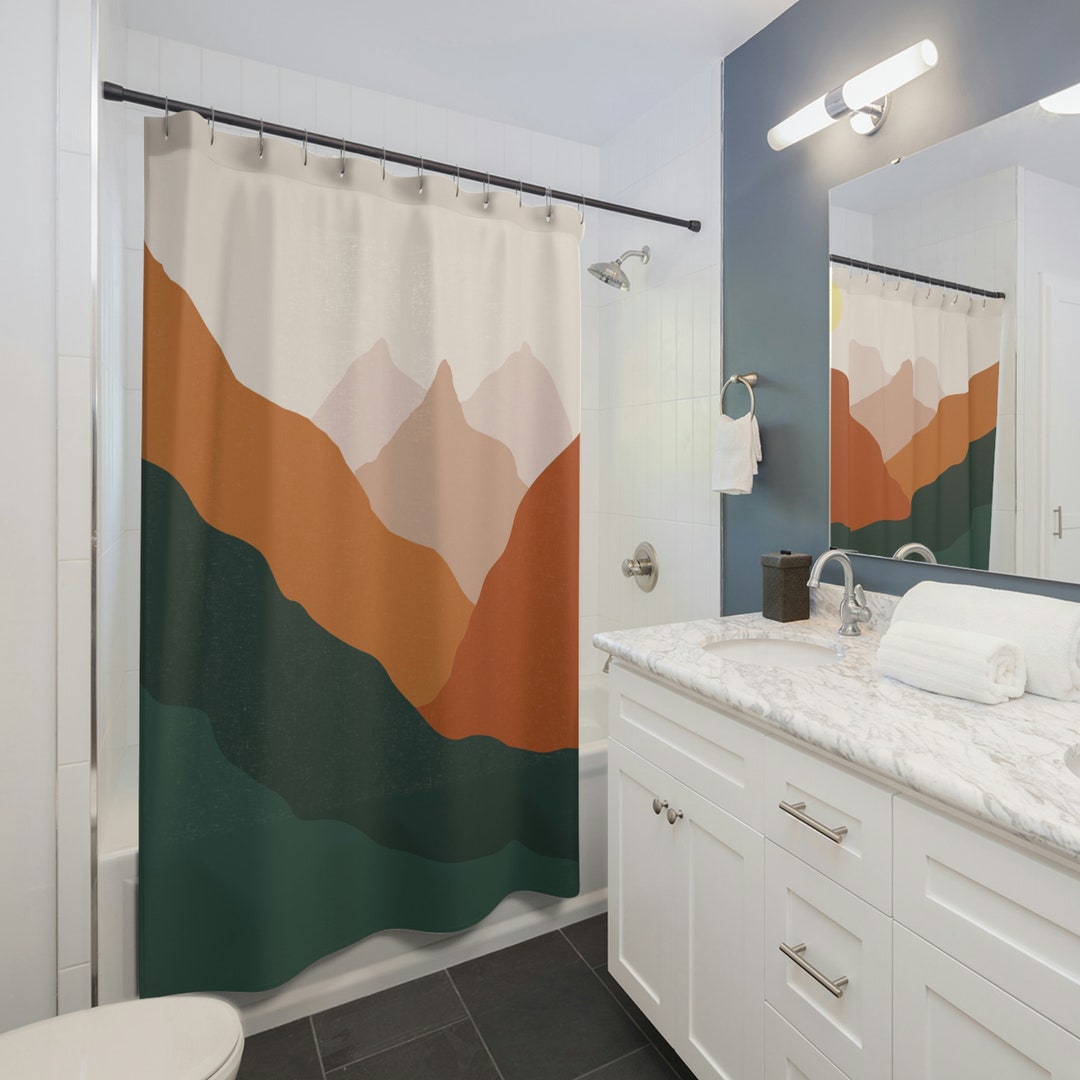 Abstract Mountains Shower Curtain, Boho Shower Curtain, Mid Century Modern Shower Curtain for Nature Lover, Abstract Shower Curtain