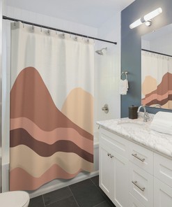 Abstract Mountains Shower Curtain, Brown Yellow Earth Tones Bath Curtain, Mid Century Modern Bohemian Bathroom Decor