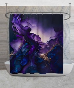 Abstract Navy And Purple Shower Curtains, Dark Watercolor Alcohol Ink Shower Curtain, Contemporary Style Decor, Artsy Design Bathroom
