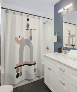 Abstract Shower Curtain, Boho Shower Curtain, Grey Peach Earth Tones Shower Curtain, Mid Century Modern Bohemian Bathroom Decor, Bath Déco
