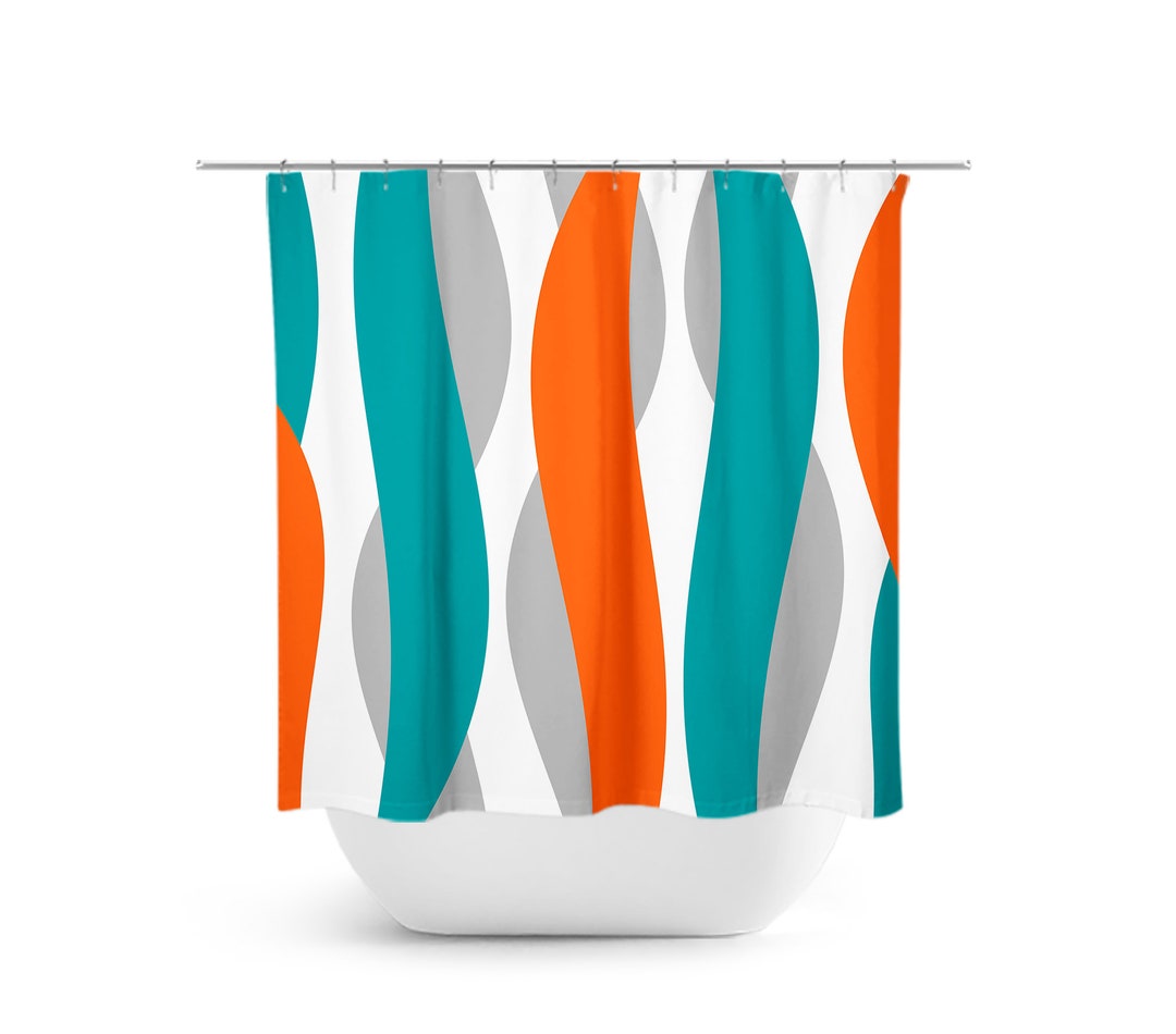 Abstract Shower Curtain, Orange And Teal Shower Curtain, Abstract Ribbon Orange Bathroom Decor, Abstract Wave Shower Curtain