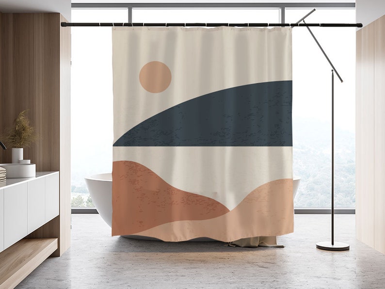 Abstract Sun And Mountain Landscape Shower Curtain, Waterproof Extra Heavy Quality Curtains With Grommets And Hooks - Image 2