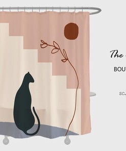 Abstract Sunand Flower Shower Curtain, Black Cat Bathroom Set, Waterproof Washable Shower Curtain