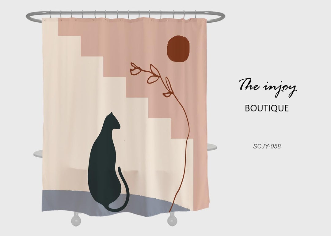 Abstract Sunand Flower Shower Curtain, Black Cat Bathroom Set, Waterproof Washable Shower Curtain