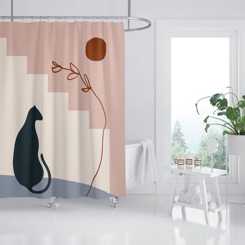 Abstract Sunand Flower Shower Curtain, Black Cat Bathroom Set, Waterproof Washable Shower Curtain - Image 2
