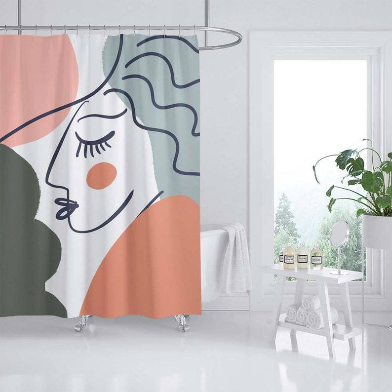 Abstract Women Face Shower Curtain, Arts Painting Heavy Duty Polyester Fabric Shower Curtains, Waterproof Modern Home Bath Decor - Image 2