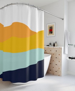 Add A Pop Of Color To Your Bathroom With Our Boho Abstract Waves Shower Curtain In Modern Blue Orange