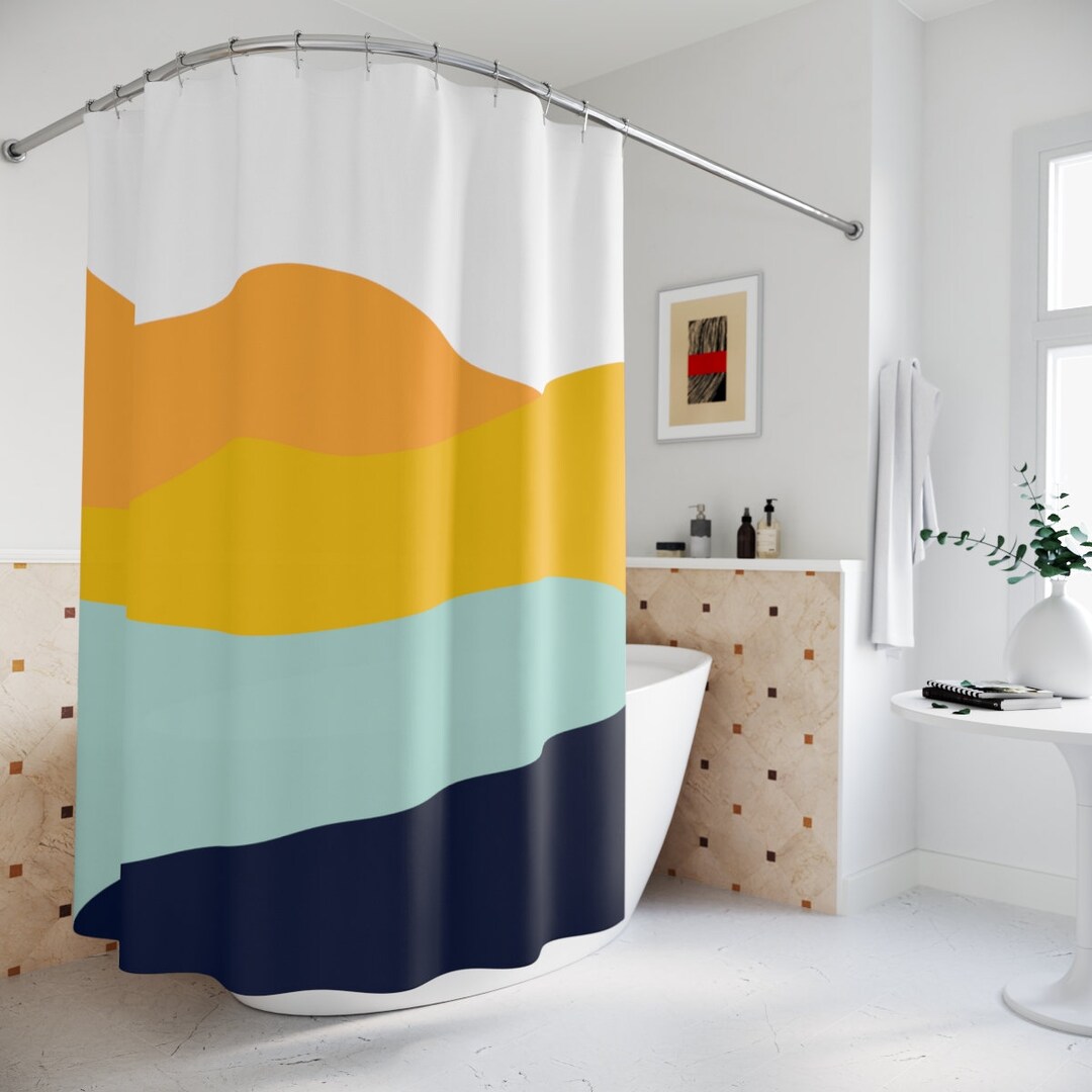 Add A Pop Of Color To Your Bathroom With Our Boho Abstract Waves Shower Curtain In Modern Blue Orange