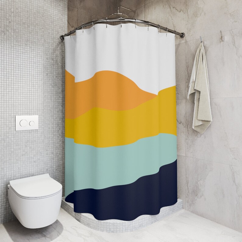 Add A Pop Of Color To Your Bathroom With Our Boho Abstract Waves Shower Curtain In Modern Blue Orange - Image 2