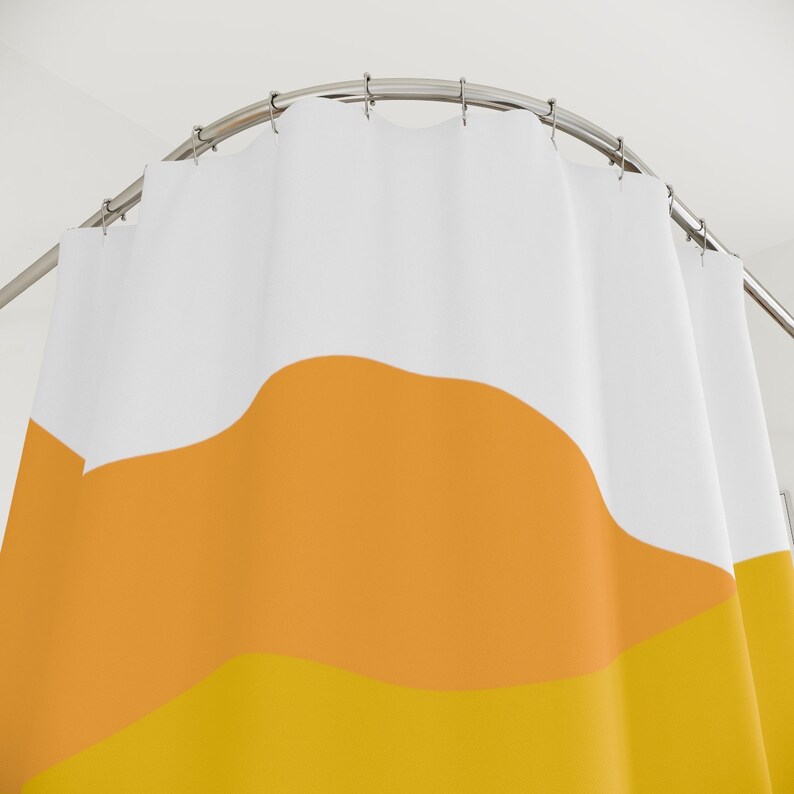 Add A Pop Of Color To Your Bathroom With Our Boho Abstract Waves Shower Curtain In Modern Blue Orange - Image 3
