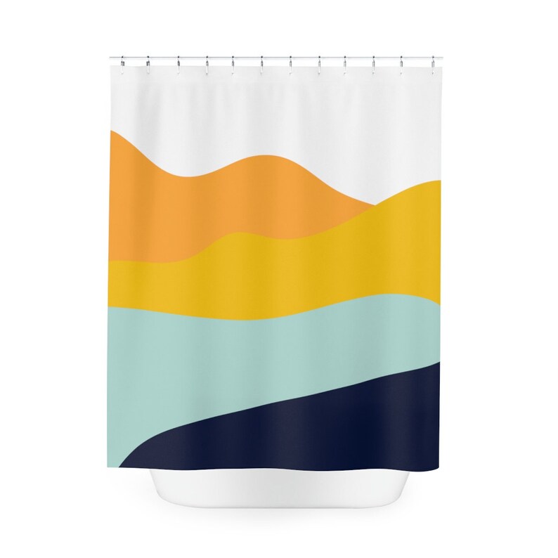 Add A Pop Of Color To Your Bathroom With Our Boho Abstract Waves Shower Curtain In Modern Blue Orange - Image 4