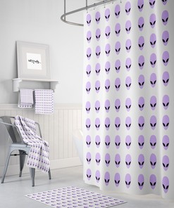 Alien Shower Curtain, Purple And White, Optional Bath Mat And Towels