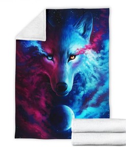 Amazing Blue And Red Wolf Face Wolf Lover Sherpa Fleece Blanket Gifts for Family, for Couple