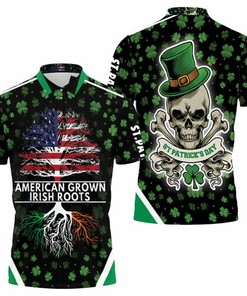 American Grown Irish Roots Saint Patrick Day Skull 3D All Over Print Polo Shirt