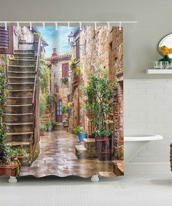 Ancient Village Home Shower Curtain, Beautiful Stairs Patio Wooden Door Bathroom Curtain, Bath Curtain
