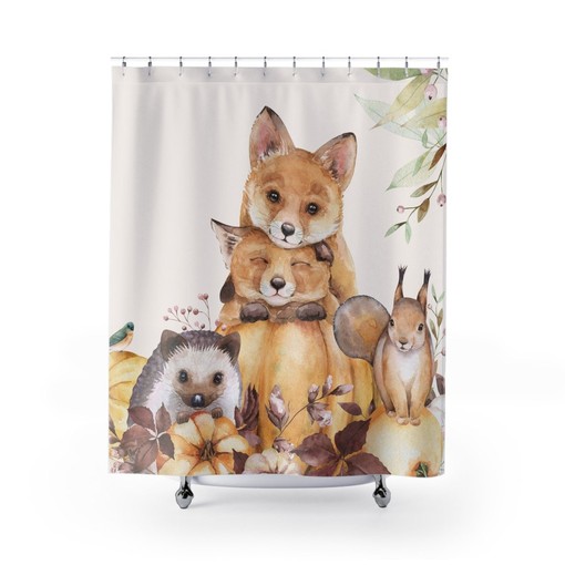 Animal Shower Curtain, Children Bathroom Shower Curtain Print, Kids Bath Design, Fox, Hedgehog, Squirrel Print