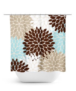 Aqua Brown Blue Shower Curtain, Floral Bath Curtain, Brown Bathroom, Fabric Shower Curtain, Girls Bathroom Decor, Blue Bathroom