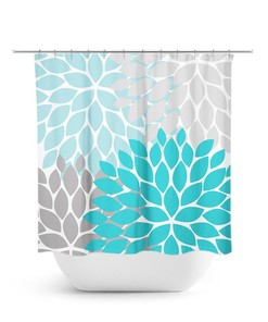 Aqua Floral Shower Curtain For Blue And Gray Bathroom Decor, Flower Fabric Bath Curtain