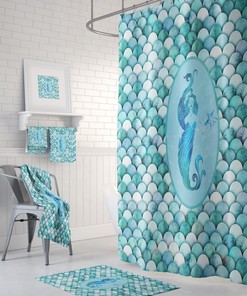 Aqua Mermaid Shower Curtain, Mermaid Bathroom Decor, Mermaid Scales Pattern