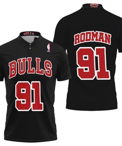 Art Chicago Bulls Dennis Rodman #91 Nba Great Player Throwback Black Jersey Style 3D All Over Print Polo Shirt