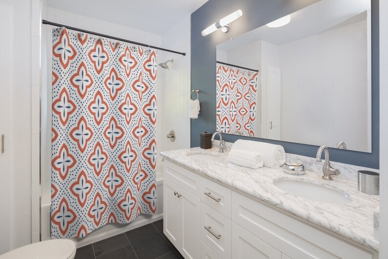 Art Deco Mid-Century Modern Hand Painted Tile Pattern Shower Curtain - Image 2