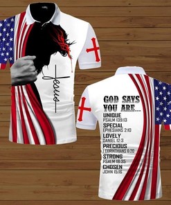 Art God Says You Are Unique Special Lovely Precious Strong Chosen Jesus Under American Flag 3D All Over Print Polo Shirt