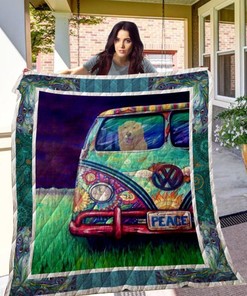 Art Golden Retrieve Driving A Peace Car Quilt Blanket Bedding Set