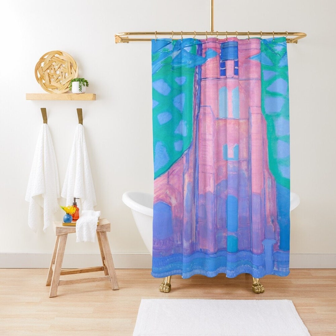 Artistic Personalized Shower Curtain With Church Tower At Domburg, Piet Mondrian, Fauvism Art For Eco-Friendly Bathroom