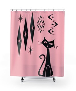 Atomic Cat 5 Pink Retro Curtain Atomic Franciscan Starbursts, Black Cat Mid Century Modern Shower Curtain