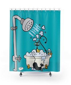 Atomic Cat, Aqua Blue, Retro Shower Curtain, Whimsical, Cute Mid Century Modern Bathroom Decor