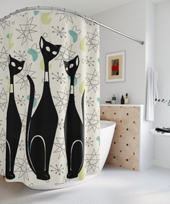 Atomic Cat Art, Mid Century Modern Shower Curtain, Beige, Franciscan Starburst Atomic Boomerang, Teal Aqua Blueretro Bath Decor