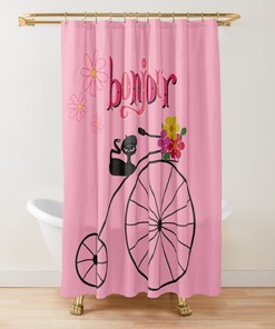 Atomic Cat, Bonjour, Mid Mod, Retro 50's Atomic Pink, Daisy, Tricycle, Shower Curtain