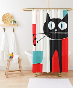 Atomic Cat, Cute Black Kitschy Kitty, Retro Mid Century Modern Bathroom Decor Aqua Blue, Red, White,Shower Curtain