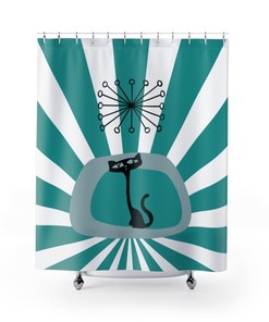Atomic Cat Kitschy Turquoise Teal Blue Retro Groovy Mid Century Modern MCM Shower Curtain