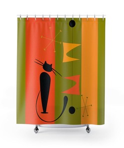 Atomic Cat Mcm Mid Century Modern Retro Shower Curtain - Green, Yellow, And Orange Atomic Age Design