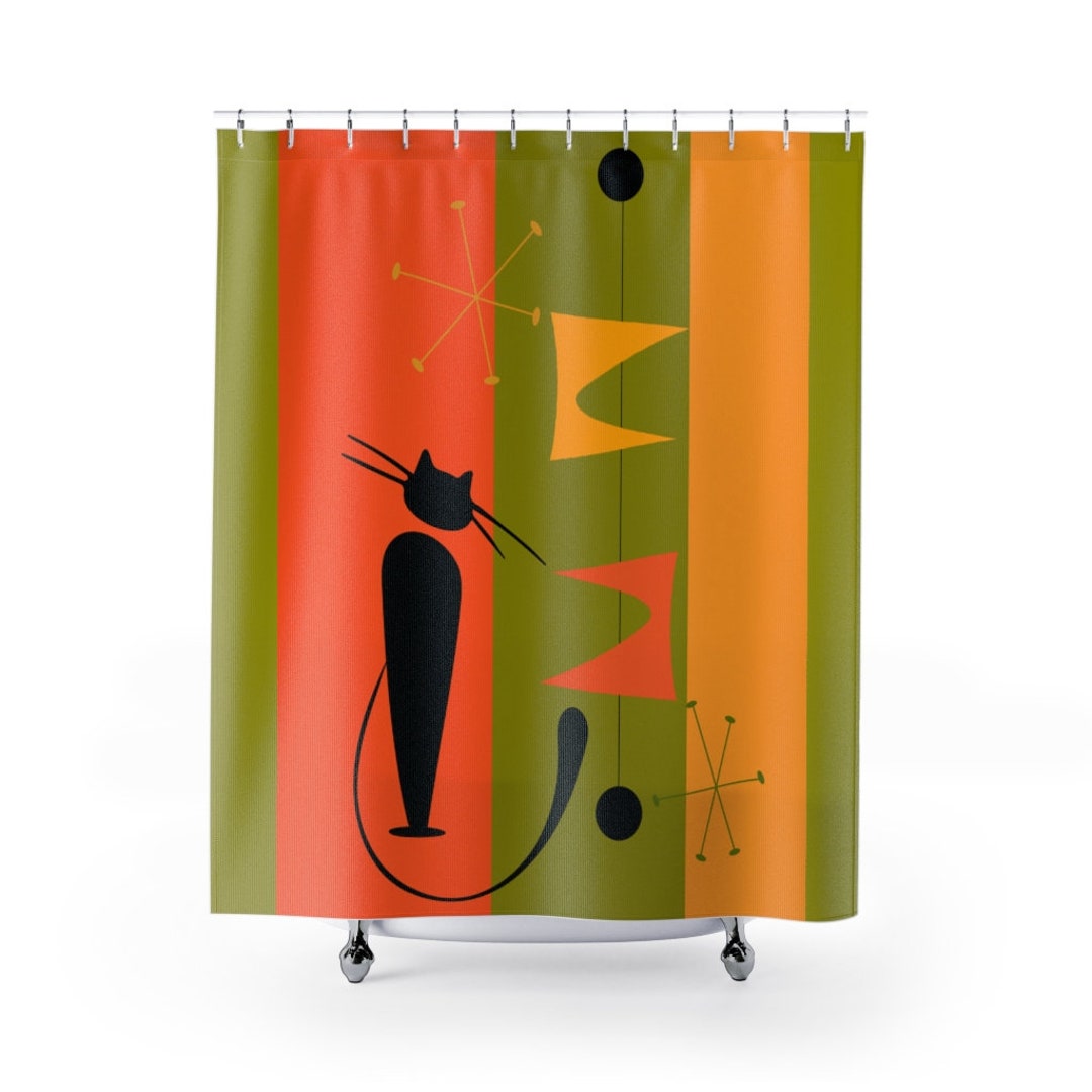 Atomic Cat Mcm Mid Century Modern Retro Shower Curtain - Green, Yellow, And Orange Atomic Age Design